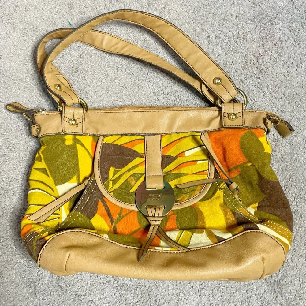 RELIC Brown Yellow Orange Floral Canvas Vinyl Zipper Satchel Handbag